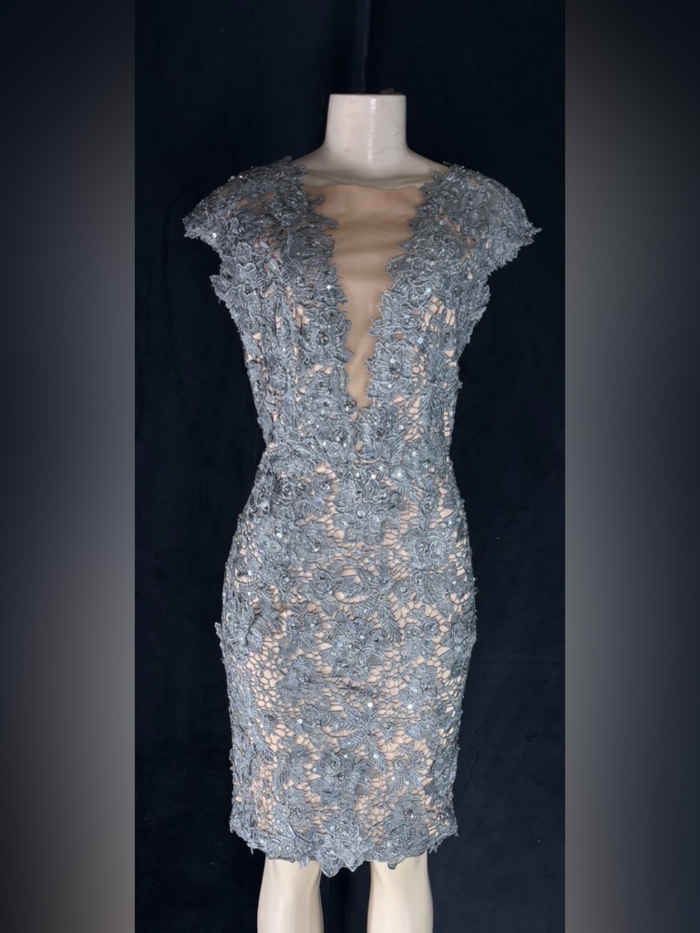 Silver Lace Midi Dress - Timeless Evening Sheath